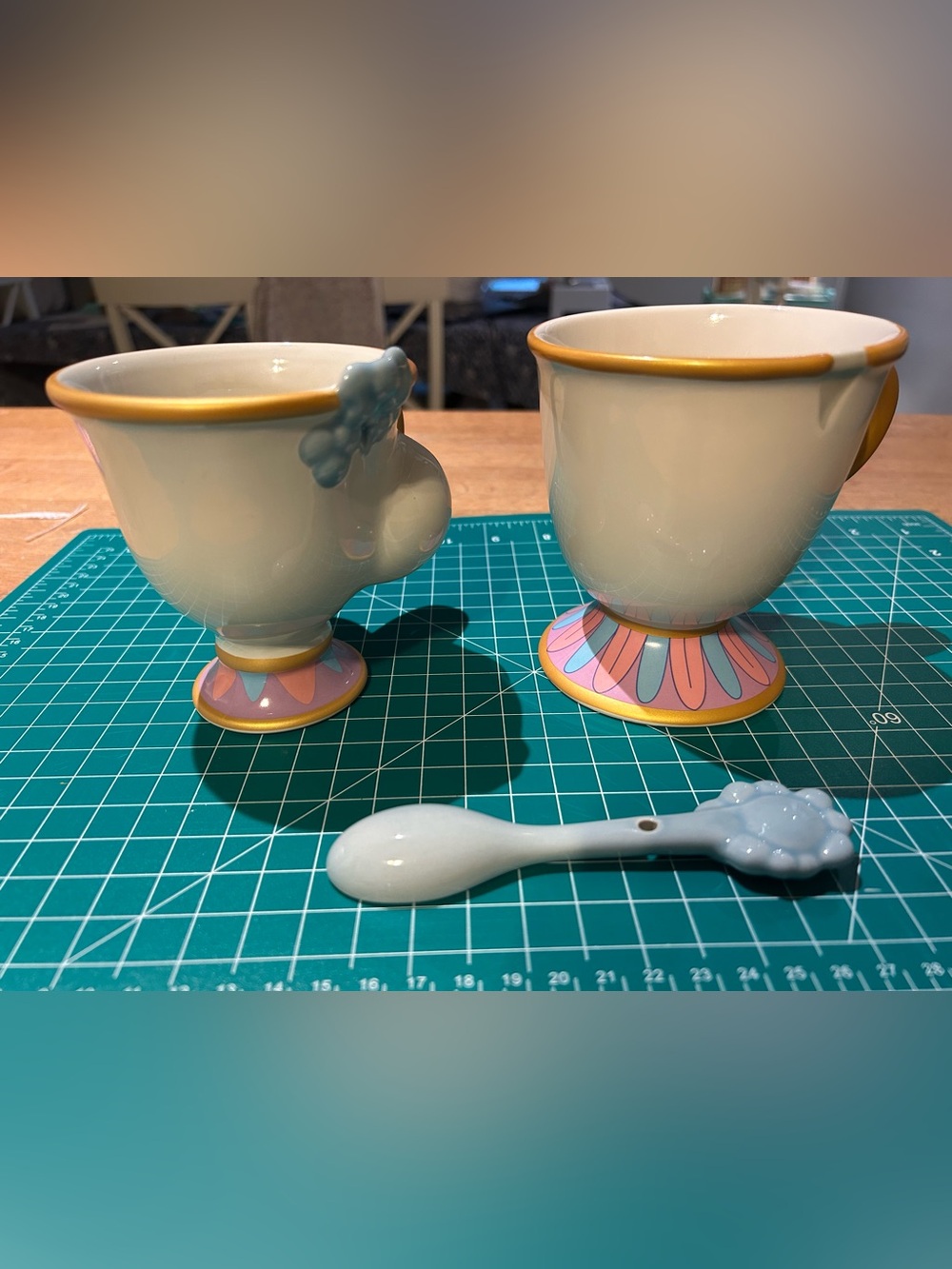 Disney Beauty and the Beast Chip Tea Cup Pair with Spoon - Yellow & Pastel - Picture 2 of 6